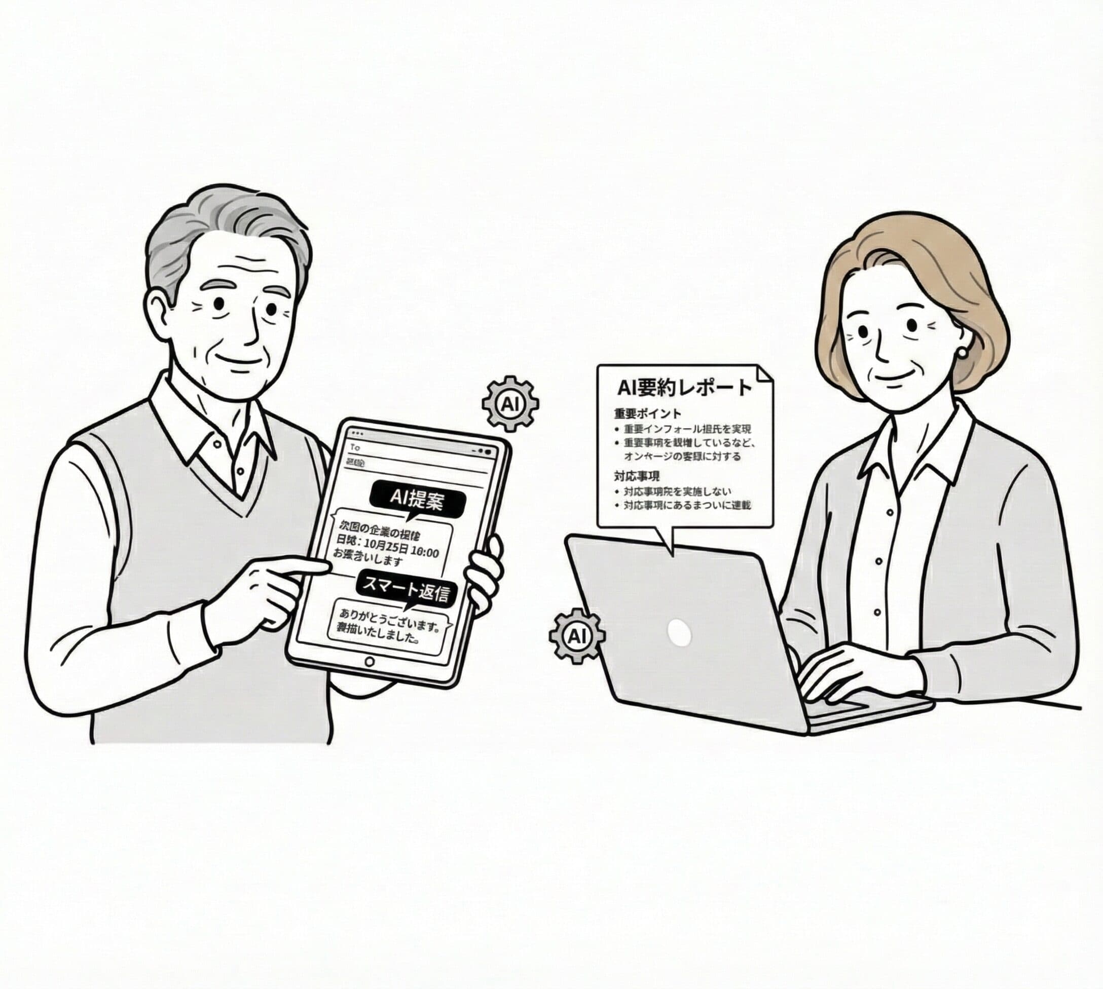 スマホのメッセージを見ながらAIに相談する様子のイラスト