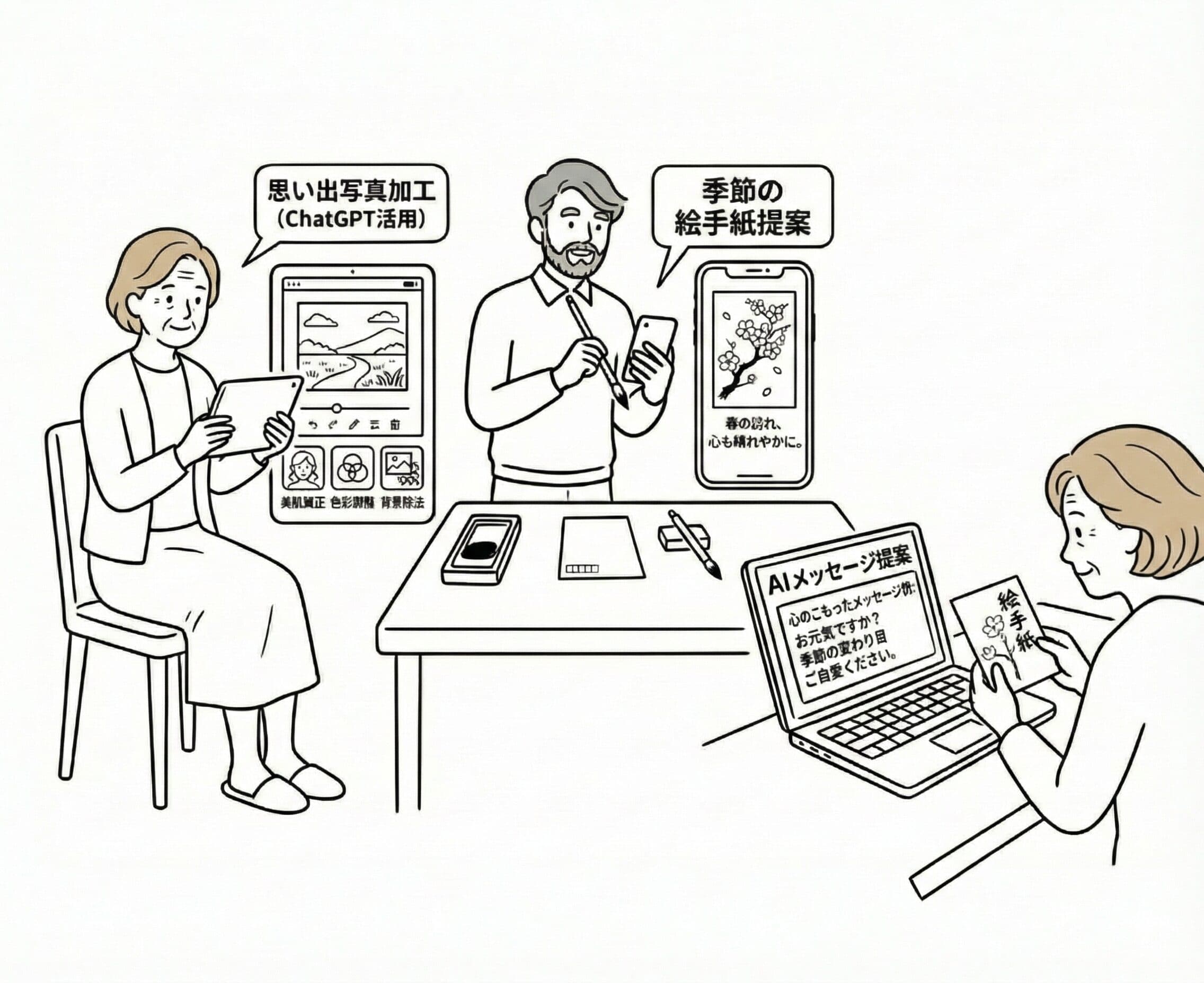 写真や手紙など思い出をAIで楽しむ様子のイラスト